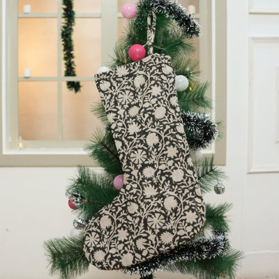 Fabdivine Vintage Floral Block Print Christmas Stocking Handcrafted Holiday Decoration- Chakri