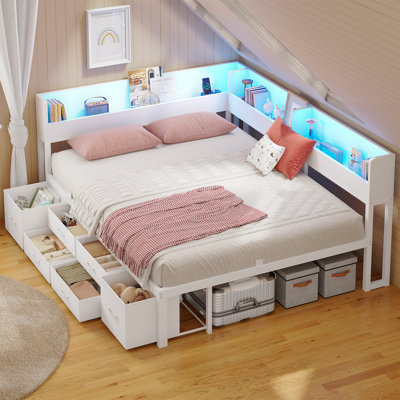 Queen Size Daybed with Bookcase Storage, Corner Bed Frame with 6 Drawers, Charging Station and LED Light, White