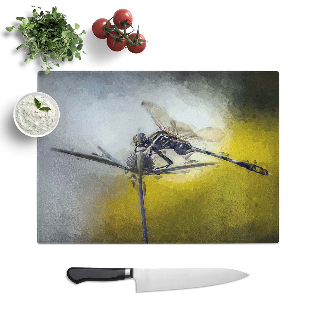 Glass Dragonfly Upon A Thistle in Abstract Chopping Board