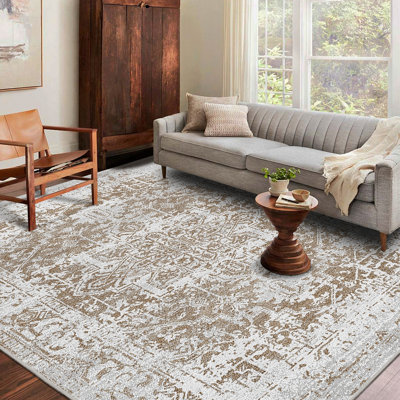 Tapis lavable antidérapant bohème rétro 5 x 7 pour salon, cuisine, chambre à coucher, salon, fleur, blanc antique