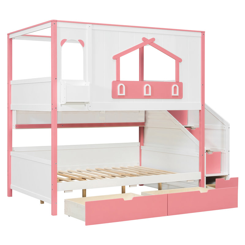 Lit superposé en bois (2 places) avec escalier de rangement, 6 tiroirs, tablette supérieure et cabane de jeu, blanc et rose