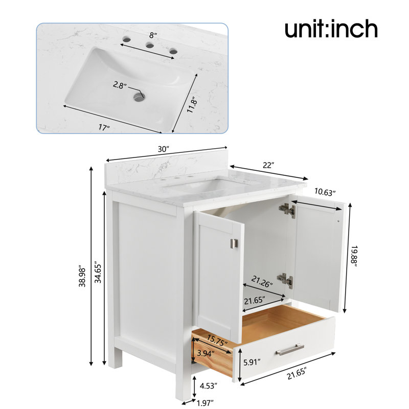 30-inch Bathroom Vanity With Engineered Stone Top, White