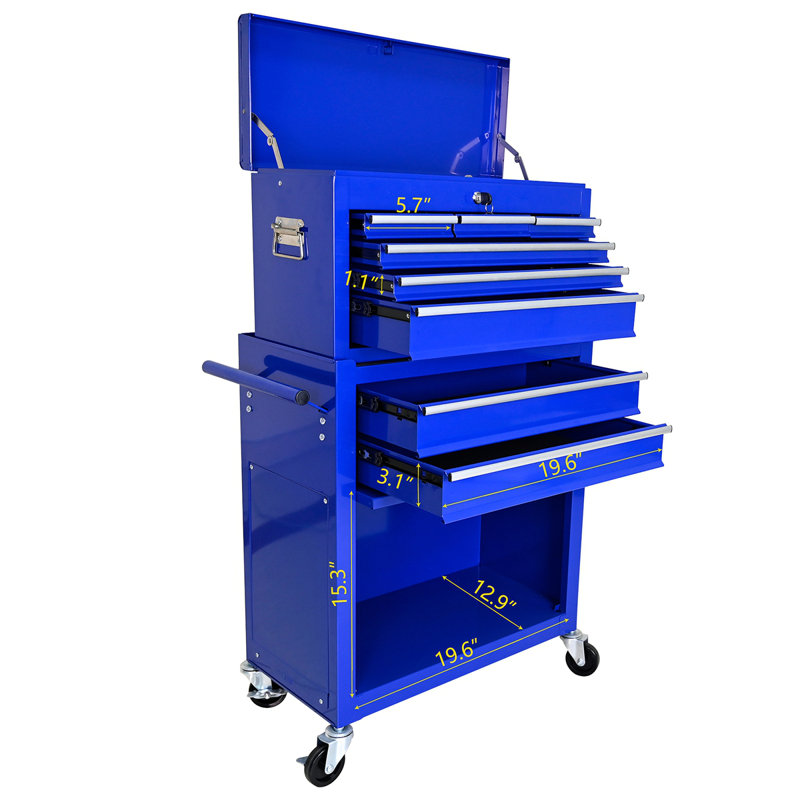 Coffre à outils roulant à grande capacité avec roulettes et tiroirs, armoire de rangement pour outils à 8 tiroirs, Bleu
