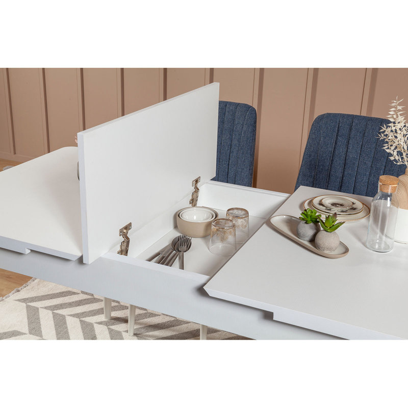 Ensemble de salle à manger extensible Newdale, Blanc / bleu foncé, Blanc