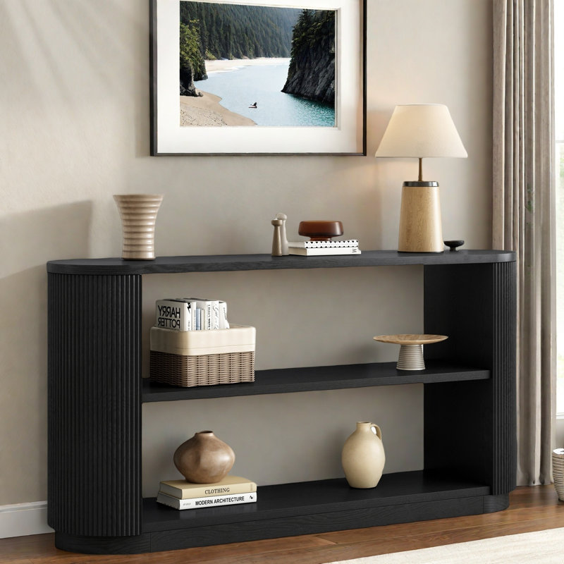 Console avec tablette ouverte et grain de bois élégant, Noir, noir, noir, noir