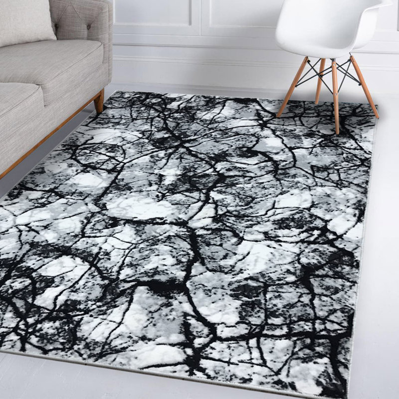 Tapis abstrait en jute tissé à la machine en noir / blanc, Rectangle 2 pi 7 po x 4 pi 11 po