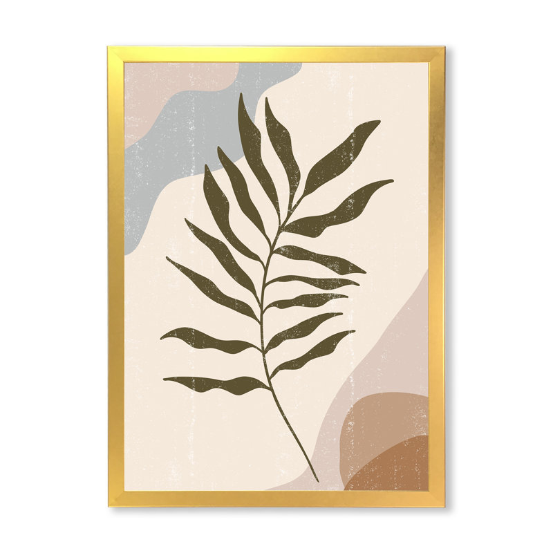 «Botanical Minimalist Leaf in Earth Tones I», peinture sur toile encadrée, Encadrement doré, H 32 po x l 16 po x P 1 po