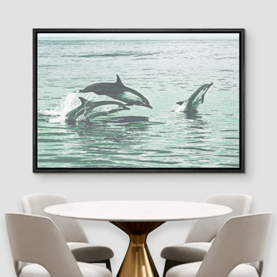 «Nautical AnimalsIDEA4WALL», reproduction d'art sur toile encadrée, rétro, dauphins au-dessus de la surface de la mer, animaux, photographie, réalisme, nautique, paysage, bichromie, coloré pour le salon, la chambre à coucher, le bureau - BLANC 16 p