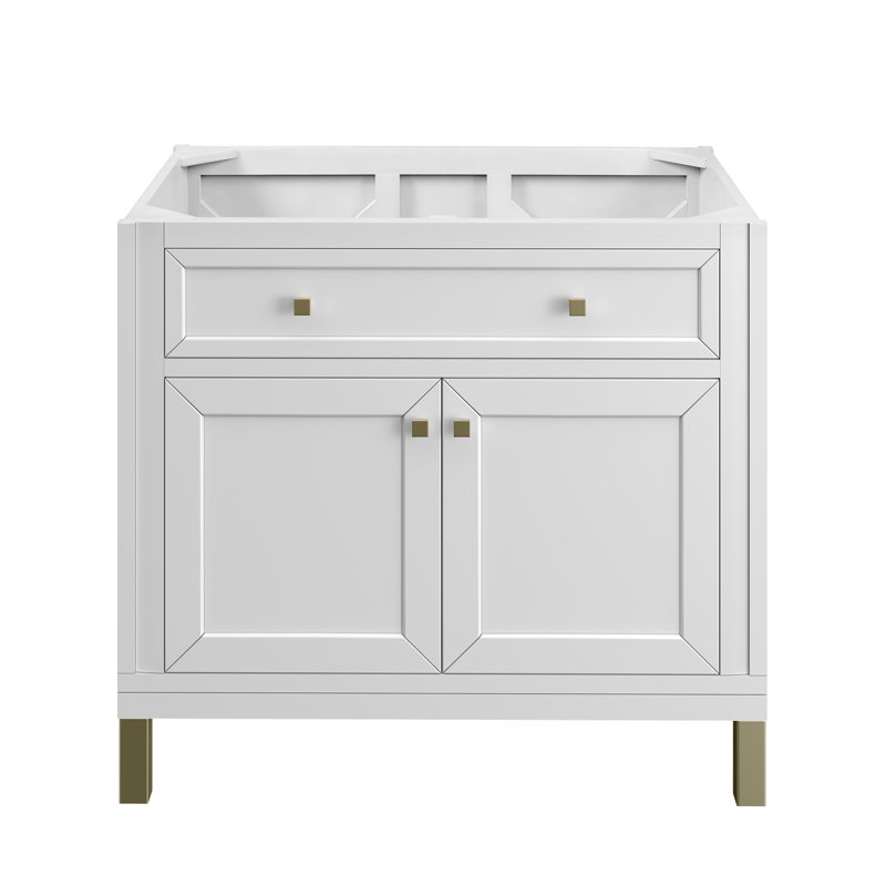 Chicago 36'' W Single Bathroom Vanity Base, Glossy White, Champagne Brass