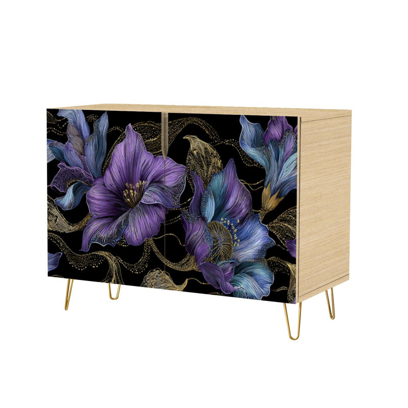 Buffet buffet avec rangement Gravure florale céleste de luxe avec 2 portes pour le salon et la cuisine