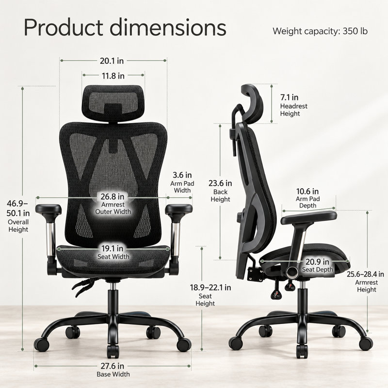 Ergonomic Office Chair with Adjustable Lumbar Support, Breathable Full Mesh Seat and Back, 5D Adjustable Armrests, Adjustable Headrest, 135° Reclining Backrest, 350 lb. Capacity