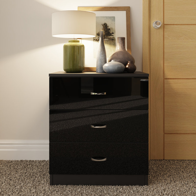 Brendle 3 Drawer Chest Of Drawers: 60cm Wide - High Gloss Front with Chrome Handles, Scratch Resistant., Black
