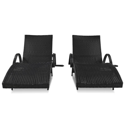 80'' Outdoor Wicker Chaise Lounge Chairs Set Of 2, Patio Rattan Reclining Chair Pull-Out Side Table W/ 5-Level Adjustable Backrest Ergonomic Wave Design Pool Sunbathing Recliners, Black