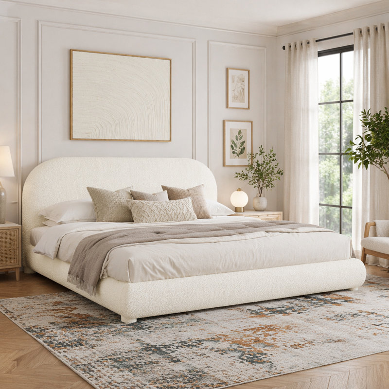 Lit tapissier simple avec lit double moderne, Grand lit, Crème