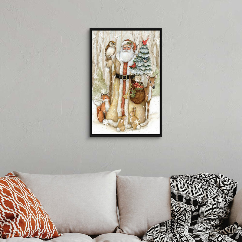 «Meadowbrook Woodland Santa» par Susan Winget - peinture sur toile tendue, H 31,25 po x l 21,25 po, Impression encadrée, Noir