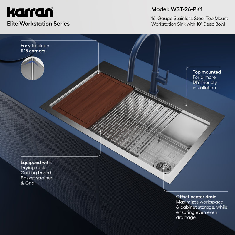 Elite Workstation 33'' L Drop-In Single Bowl Stainless Steel Kitchen Sink