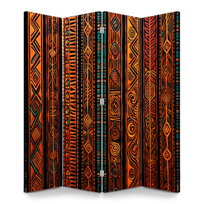 4 Panels Folding Screen Room Divider Royal African Tribal Geometric Carved Vertical Ornamental Stripes Warm Canvas Screen Room Separator Freestanding Protective Wall Divider Privacy Partition