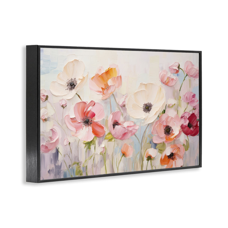 «Pastel Ranunculus Bloom», estampe numérique par Petals Prints Design, H 12 po x l 18 po, Giclée encadrée noir minuit