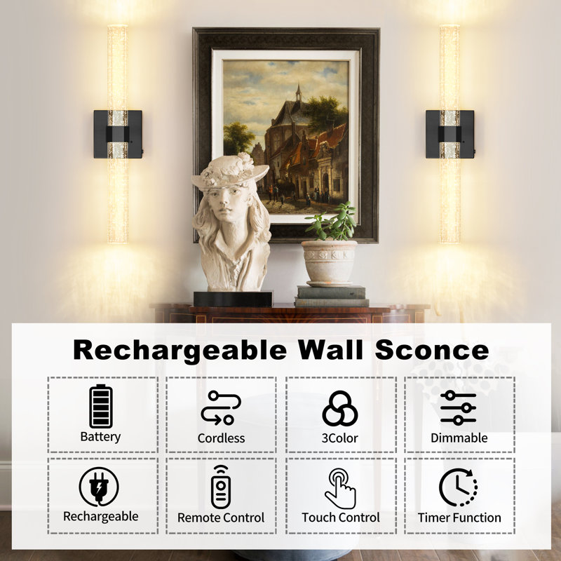 Rechargeable Dimmable LED Crystal Wall Sconce with Remote Control Included, Matte Black