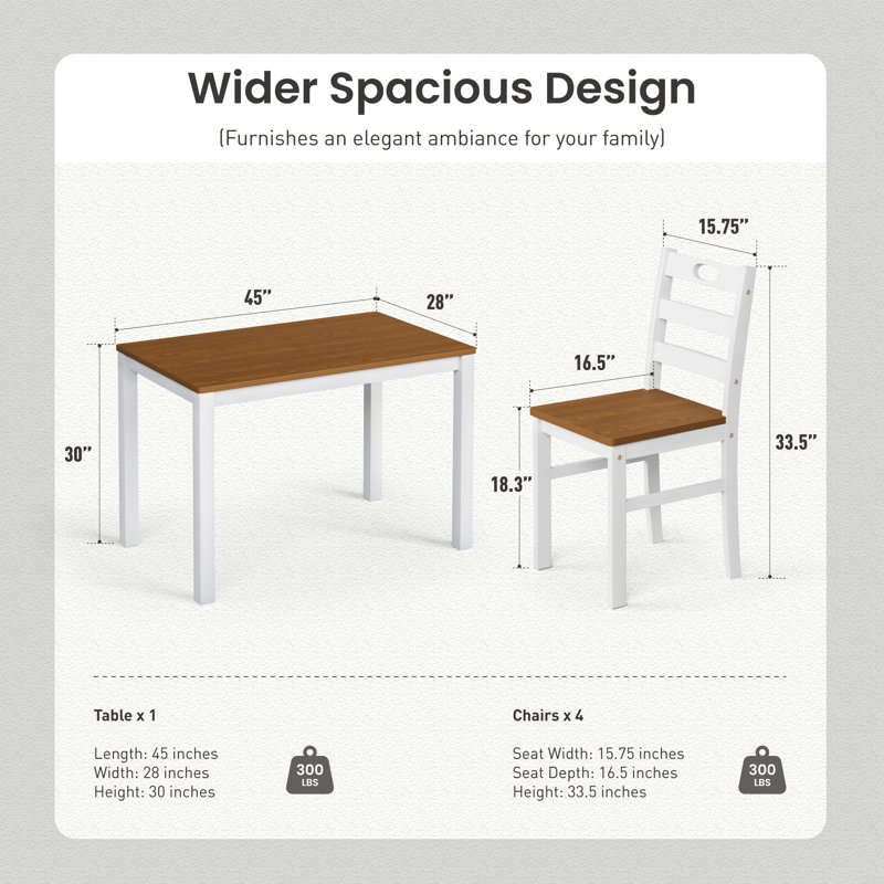 Ensembles de table de salle à manger 5 pièces, ensembles de salle à manger en bois massif peu encombrants avec 4 chaises à dossier à lattes