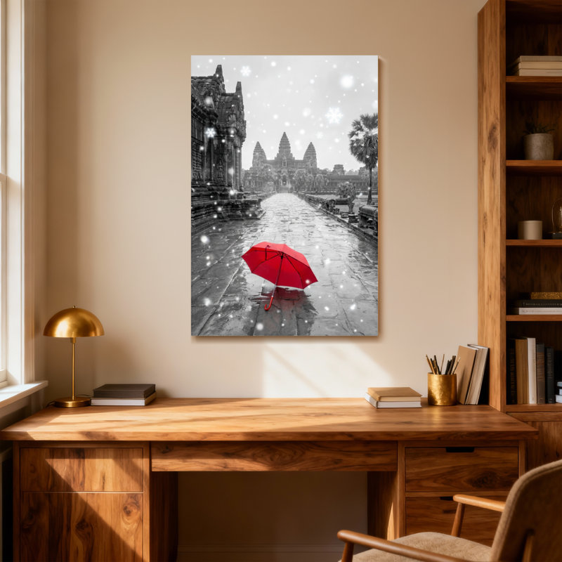 Scenic & Cityscapes, parapluie rouge en noir et blanc, scène de temple, H 36 po x l 24 po
