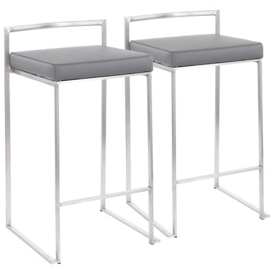 Tabouret de comptoir contemporain empilable en acier inoxydable avec coussin gris en similicuir - ensemble de 2
