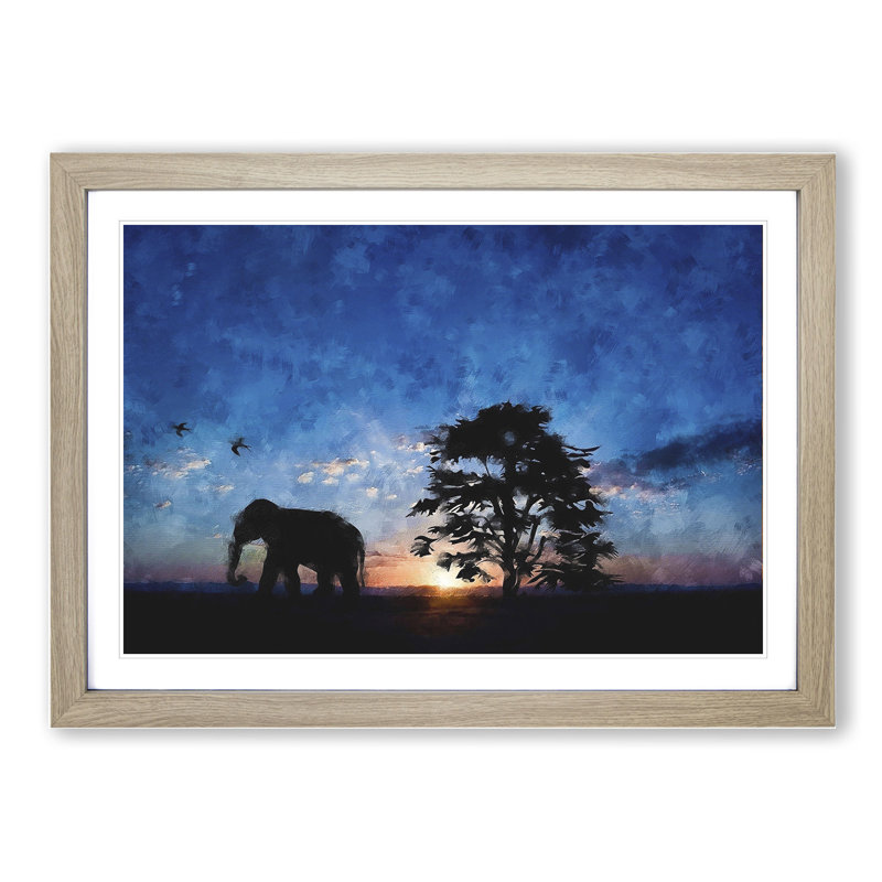 Elephant at Sunset - Framed Print, 27cm H x 36cm W x 2cm D, Oak Framed