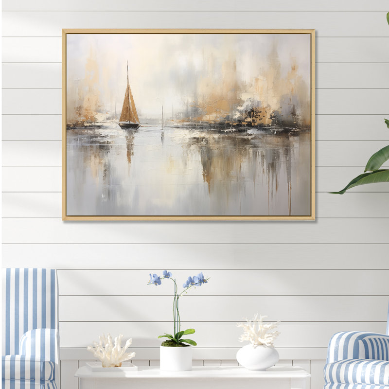 «Bold Beige and Gold Coastal Skyline I», reproduction sur toile, Cadre naturel flottant, H 30 po x l 40 po
