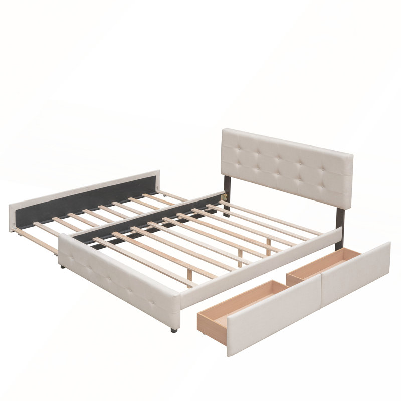 Élégant lit plateforme tapissier en lin avec tiroirs de rangement et lit gigogne simple TG, Beige