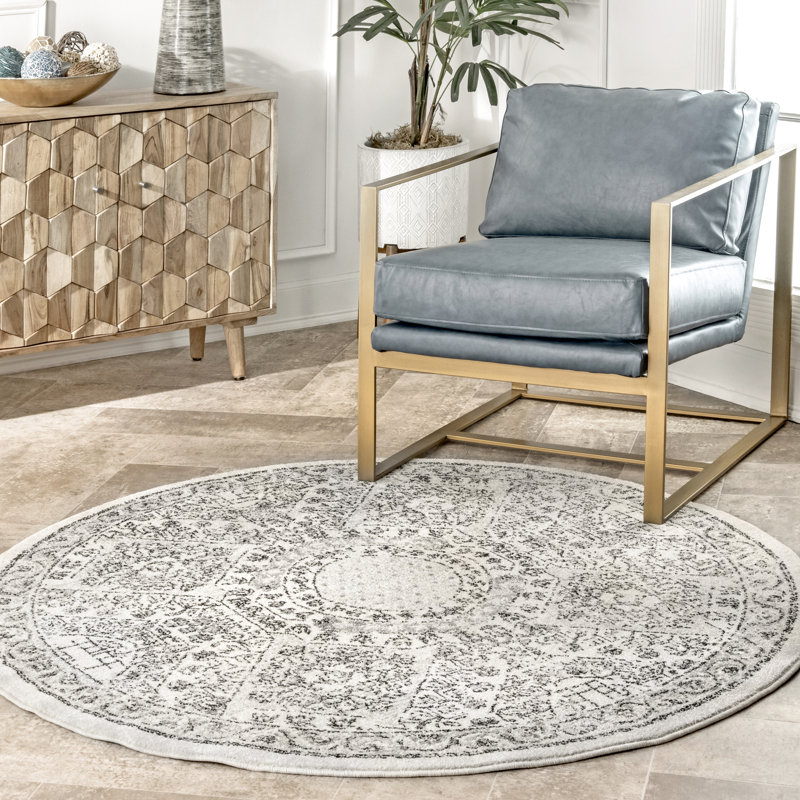 Asmin Medallion Area Rug for Living Room Bedroom Dining Room Kitchen, Grey/Ivory, Round 6'