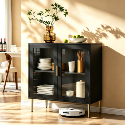 Buffet moderne avec lumières à DEL, buffet en acrylique 32 po avec 2 portes, tablette à café réglable pour le salon, cuisine, noir
