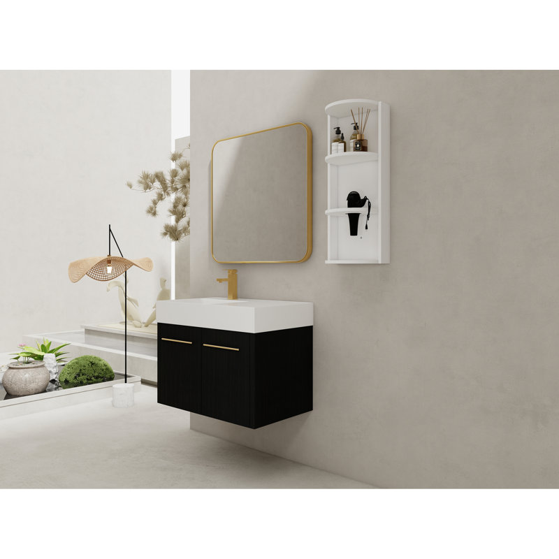Armoire de salle de bain de 30 pouces avec lavabo en résine à rebords épais, capacité de rangement à double porte, charnières à fermeture en douceur et trois unités séparées, meuble-lavabo scintillant couleur châtaignier noir, beaucoup d'espace, portes,