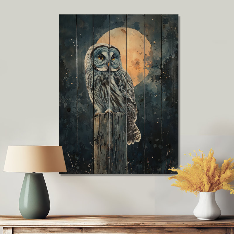 Owl On The Fence Post II - Owl Animal Wood Wall Decor - On Natural Pine Wood, 44" H x 34" W
