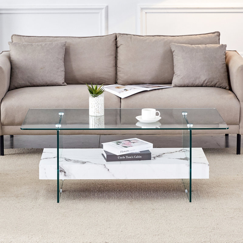 Table basse rectangulaire flottante double couche, pieds en verre noir, Noir