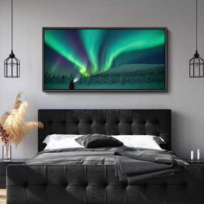 Aurora Borealis Over Snowy Landscape Framed Canvas Wall Art - Vibrant Northern Lights Photography for Modern Nature-Inspired Spaces
