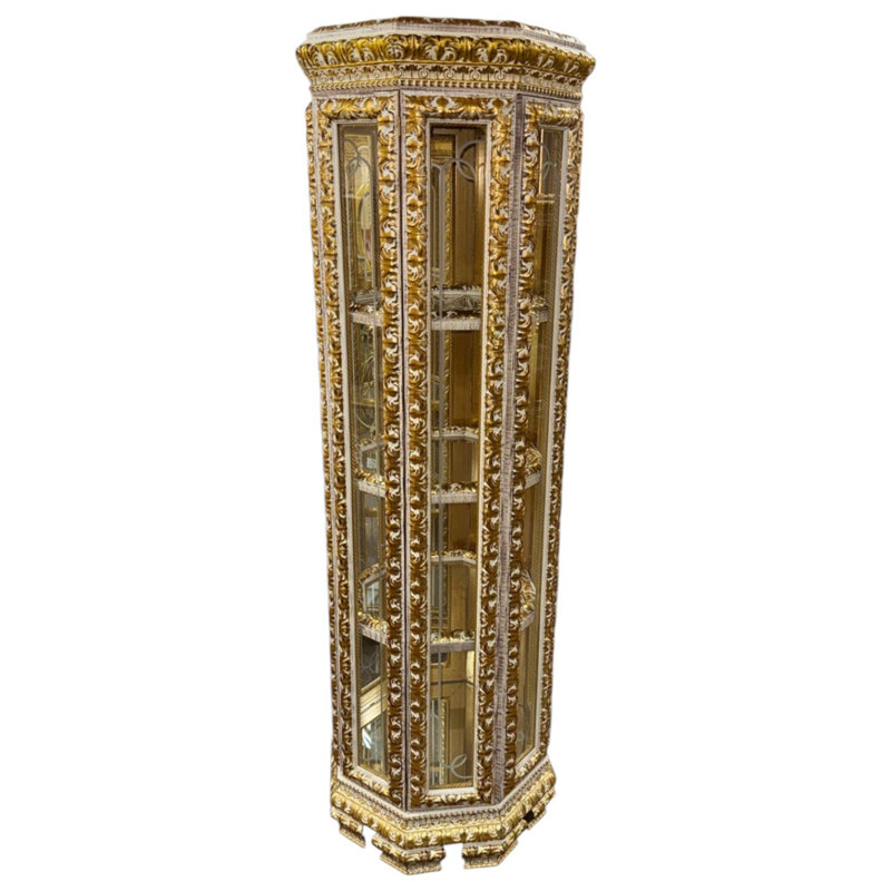 Solid Wood Lighted China Cabinet, Ivory Gold