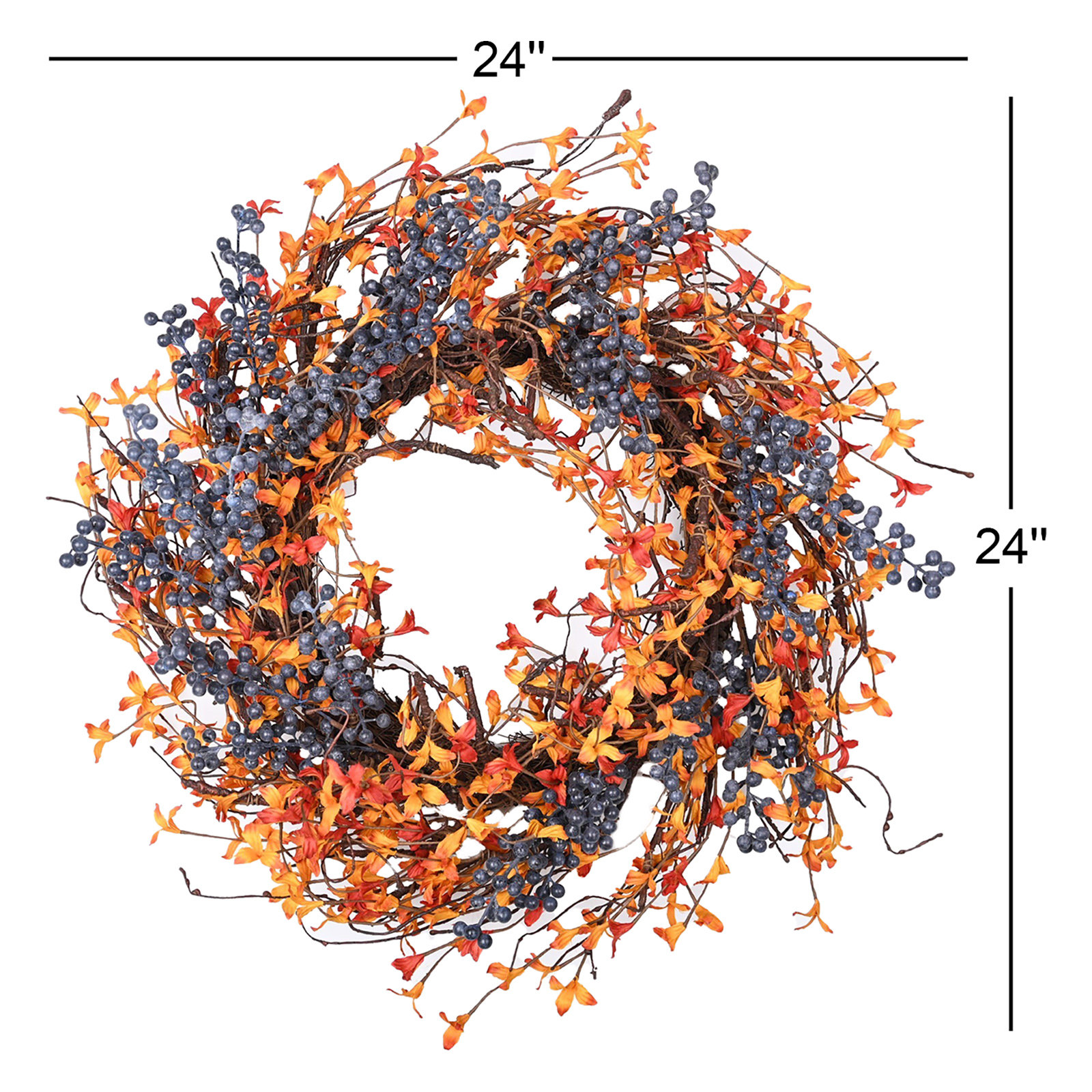 24" Handcrafted Twig, Berry No Holiday Wreath, Orange/Dark Blue