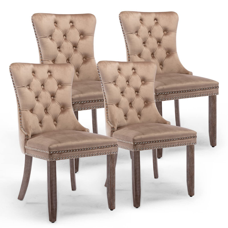 Dining Chairs, Upholstered High-end Tufted Dining Room Chair with Nailhead Back Ring, Khaki Velvet, Brown, 4