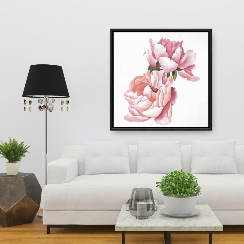 Deux roses roses à l'aquarelle - toile encadrée 36 po x 36 po