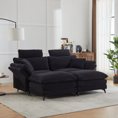 Modern Sofa[VIDEO/New] Deep Seat Sectional Sofa, Comtable Cloud Sofa With Ottomans, Loveseat Sofa, 85.8'' Corduroy Upholstered Sectional Sofa  , Apartment, Studio, Office Black.