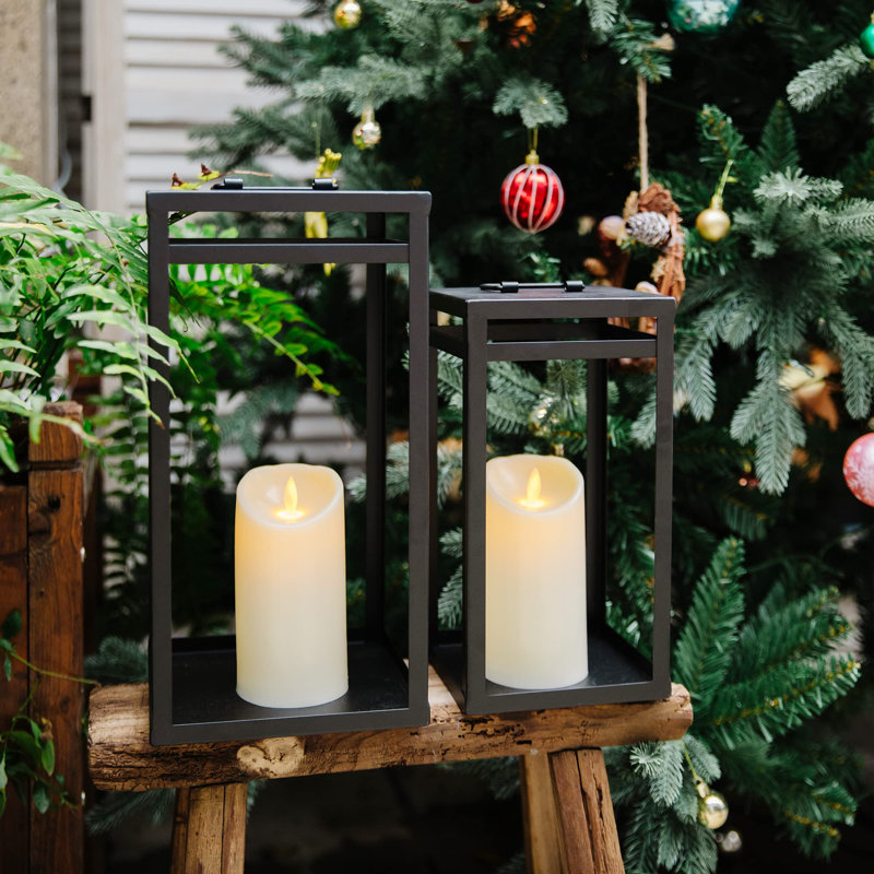 Lantern Modern 15.8''H Battery Powered Integrated LED Outdoor Lantern w/ LED Timer Candles