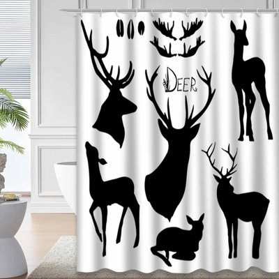 Wood Black Deers Drawn Vintage Deer Head Buck Stag Elk Little Hunting Animal Wood Shower Curtain with 12 Hooks