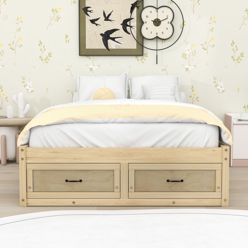 Wooden Platform Bed with 6 Drawers, Antique Natural, Full