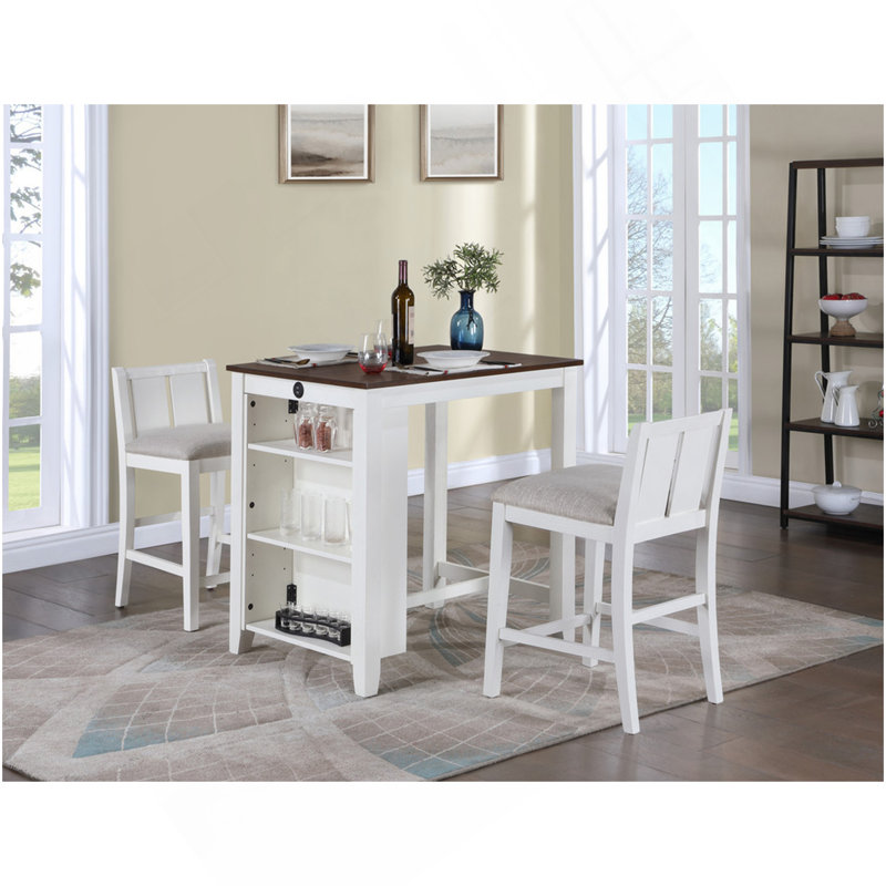 Gregorio 36" 3-Piece White Finish Small Space Counter Height Dining Table With Shelves And 2 Chairs, Natural/White