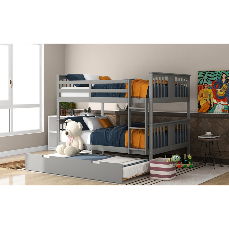 Grey Full Over Bunk Bed With & Twin Trundle. Solid Construction, Meets Bedroom Requirements In Size Stable Frame, Complements Decor
