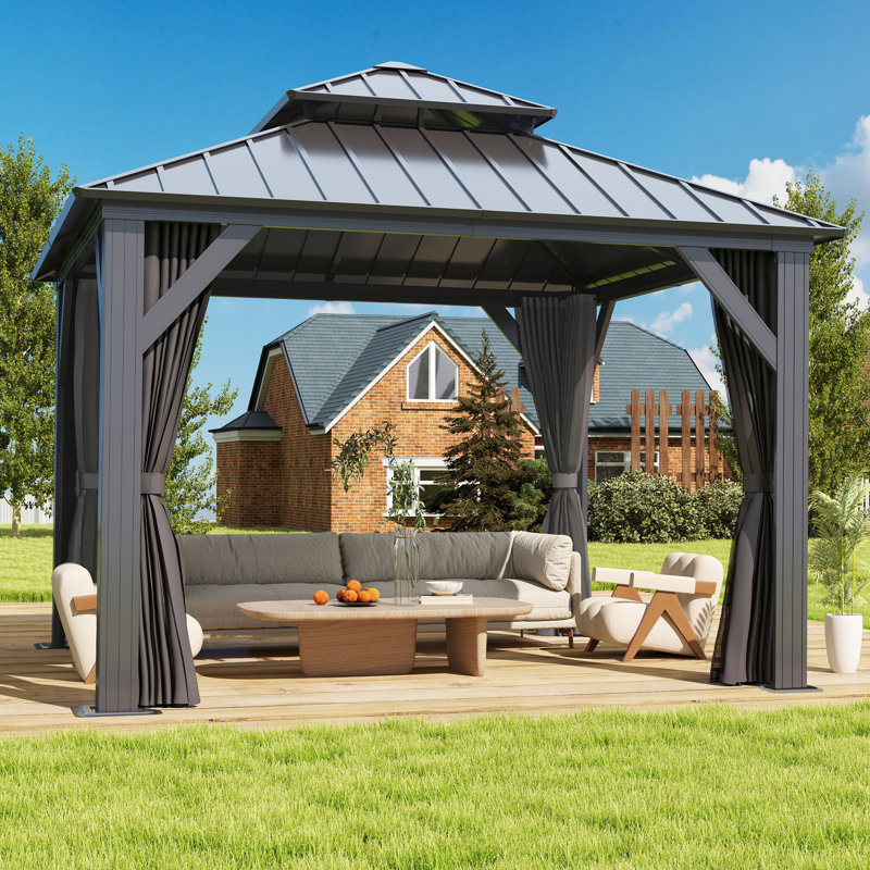 10 ft x 10 ft Black Aluminum Frame Gazebo with Curtains and Netting