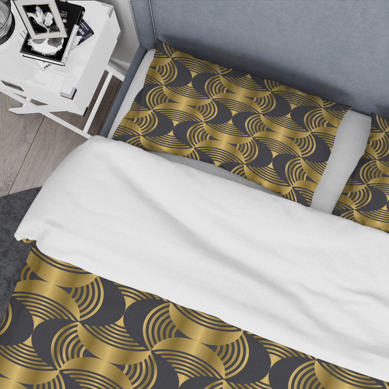 Ensemble de housse de couette moderne de style mid-century art déco, Housse simple + 1 taie décorative, Doré / Noir