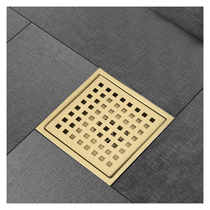 Drain de plancher de douche carré 6 po avec couvercle en grille et finition dorée, acier inoxydable, Doré
