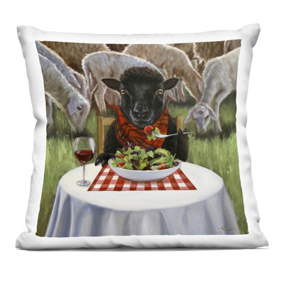 Coussin décoratif "Cow Eating Salad & Wine", par Lucia Heffernan