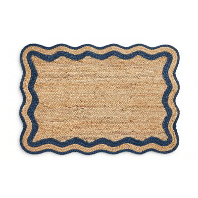 Ayanne Hand-Braided Scalloped Jute Navy Indoor Area Rug with Non-skid Backing